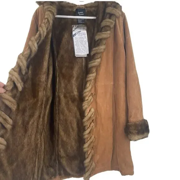 ✨ NWT Vintage Dennis Basso Suede Leather Faux Fur Lined Hooded Heavy Coat Medium - Picture 5 of 9